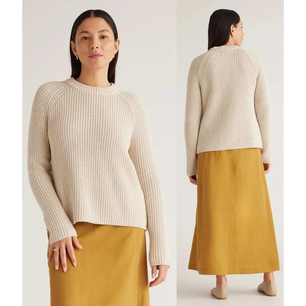 Quince Womens Fisherman Crew Sweater Speckled Beige 100% Organic Cotton XL NEW